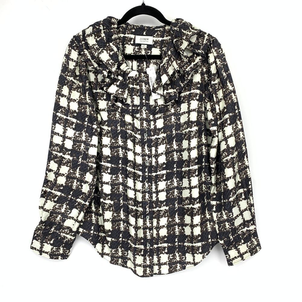 J.Crew Collection Silk Twill Ruffle Collar Top Womens Sz M Brown Cream Plaid NEW
